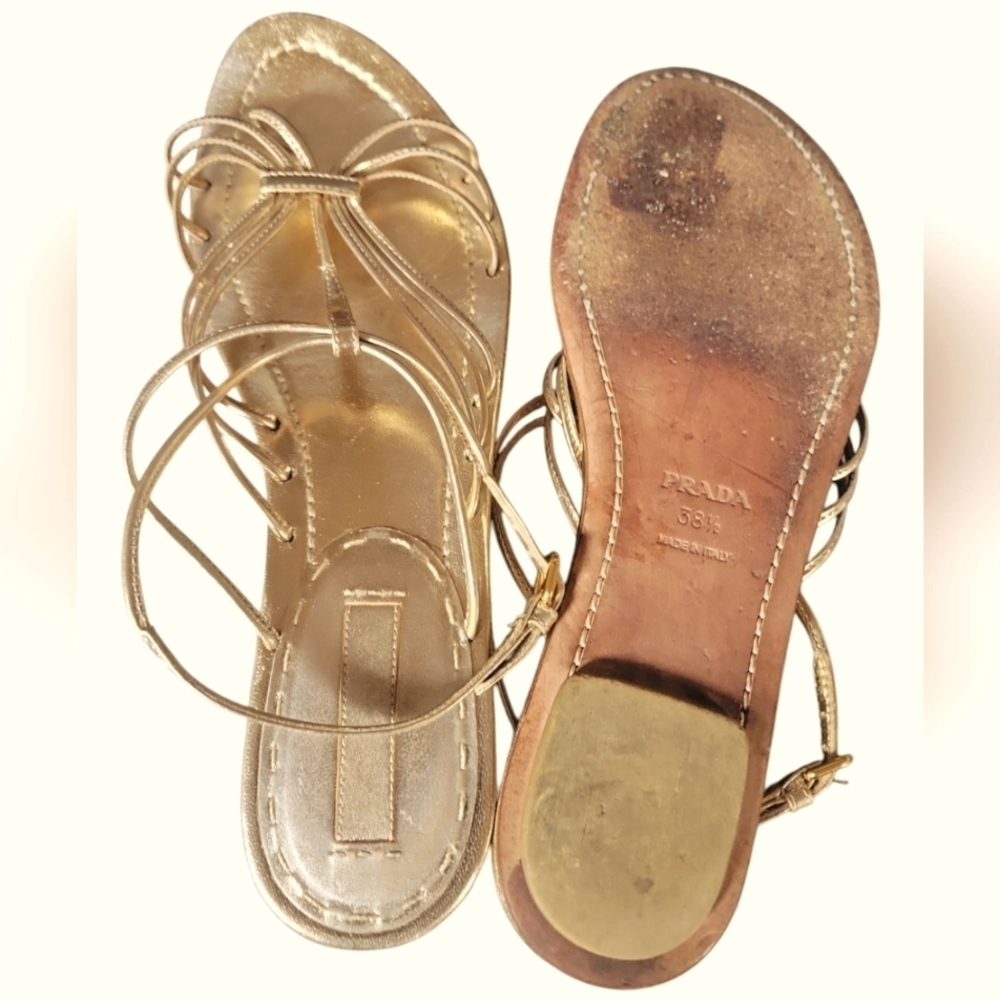 Prada Women's Elegant Gold Gladiator Style Ankle Buckle Strappy Sandals 38 1/2 - Picture 7 of 9